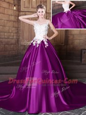 Hot Selling Scoop Elastic Woven Satin Sleeveless With Train Quinceanera Gowns Court Train and Lace and Appliques