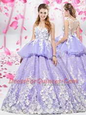 Excellent Lavender Lace Up Scoop Appliques Quinceanera Dresses Organza and Tulle Sleeveless