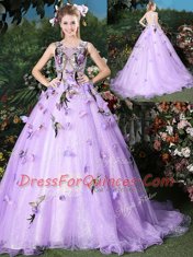 Scoop Sleeveless Organza Quinceanera Gown Appliques Brush Train Lace Up