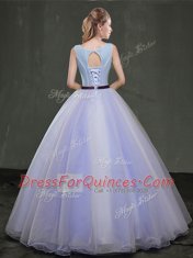 Pretty Scoop Sleeveless Organza Floor Length Lace Up Vestidos de Quinceanera in Lavender with Appliques