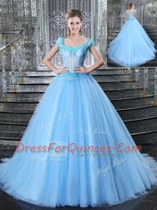 Edgy Straps With Train Lace Up Quinceanera Dress Light Blue for Military Ball and Sweet 16 and Quinceanera with Beading and Appliques Brush Train