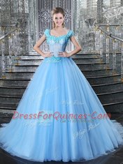 Edgy Straps With Train Lace Up Quinceanera Dress Light Blue for Military Ball and Sweet 16 and Quinceanera with Beading and Appliques Brush Train