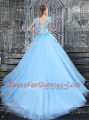 Edgy Straps With Train Lace Up Quinceanera Dress Light Blue for Military Ball and Sweet 16 and Quinceanera with Beading and Appliques Brush Train