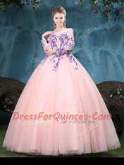 Scoop Long Sleeves Tulle Floor Length Lace Up 15 Quinceanera Dress in Baby Pink with Appliques
