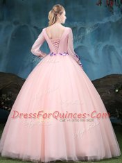 Scoop Long Sleeves Tulle Floor Length Lace Up 15 Quinceanera Dress in Baby Pink with Appliques