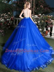 Royal Blue Scoop Neckline Appliques and Belt Quince Ball Gowns Sleeveless Zipper