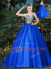 Royal Blue Scoop Neckline Appliques and Belt Quince Ball Gowns Sleeveless Zipper