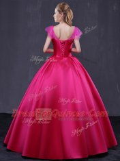 Latest Cap Sleeves Satin Floor Length Lace Up 15th Birthday Dress in Hot Pink with Appliques