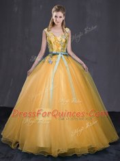 Chic Gold Tulle Lace Up V-neck Sleeveless Floor Length Quinceanera Gowns Appliques and Belt