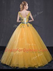 Chic Gold Tulle Lace Up V-neck Sleeveless Floor Length Quinceanera Gowns Appliques and Belt