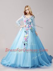 Long Sleeves Brush Train Lace Up Hand Made Flower Quinceanera Dress