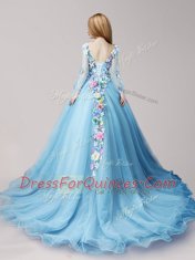 Long Sleeves Brush Train Lace Up Hand Made Flower Quinceanera Dress