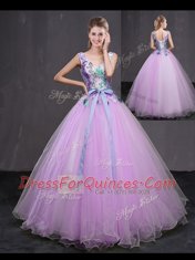 Best Lilac Sleeveless Appliques and Belt Floor Length Quinceanera Dresses