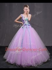 Best Lilac Sleeveless Appliques and Belt Floor Length Quinceanera Dresses
