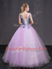 Best Lilac Sleeveless Appliques and Belt Floor Length Quinceanera Dresses