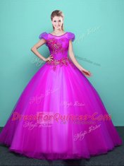 Scoop Short Sleeves Ball Gown Prom Dress Floor Length Appliques Fuchsia Tulle