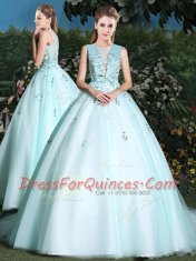 Brush Train Ball Gowns Quinceanera Dress Light Blue Scoop Tulle Sleeveless Lace Up