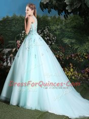 Brush Train Ball Gowns Quinceanera Dress Light Blue Scoop Tulle Sleeveless Lace Up