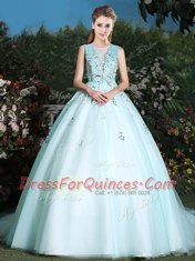 Brush Train Ball Gowns Quinceanera Dress Light Blue Scoop Tulle Sleeveless Lace Up