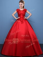 Popular Scoop Cap Sleeves Satin Ball Gown Prom Dress Appliques Lace Up