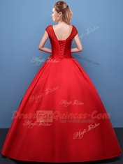 Popular Scoop Cap Sleeves Satin Ball Gown Prom Dress Appliques Lace Up
