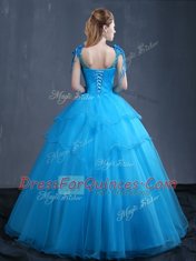 Floor Length Ball Gowns Sleeveless Baby Blue 15 Quinceanera Dress Lace Up