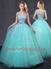 Elegant Scoop Floor Length Lace Up Ball Gown Prom Dress Aqua Blue for Military Ball and Sweet 16 and Quinceanera with Appliques and Belt