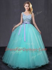 Elegant Scoop Floor Length Lace Up Ball Gown Prom Dress Aqua Blue for Military Ball and Sweet 16 and Quinceanera with Appliques and Belt