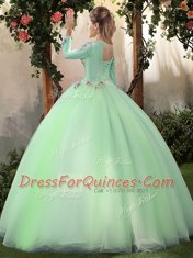 Scoop Apple Green Long Sleeves Floor Length Appliques Lace Up 15 Quinceanera Dress