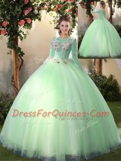 Scoop Apple Green Long Sleeves Floor Length Appliques Lace Up 15 Quinceanera Dress