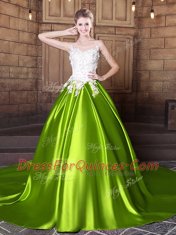Colorful Scoop Yellow Green Sleeveless Court Train Lace and Appliques With Train Quince Ball Gowns