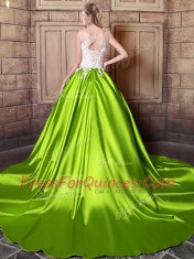 Colorful Scoop Yellow Green Sleeveless Court Train Lace and Appliques With Train Quince Ball Gowns