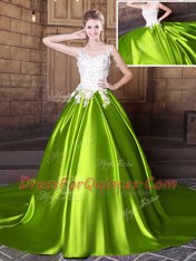 Colorful Scoop Yellow Green Sleeveless Court Train Lace and Appliques With Train Quince Ball Gowns
