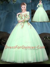 High End Scoop Apple Green Lace Up 15 Quinceanera Dress Appliques Long Sleeves Floor Length