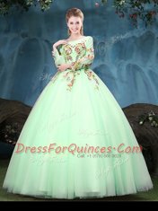 High End Scoop Apple Green Lace Up 15 Quinceanera Dress Appliques Long Sleeves Floor Length