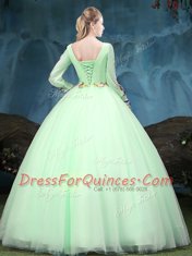 High End Scoop Apple Green Lace Up 15 Quinceanera Dress Appliques Long Sleeves Floor Length