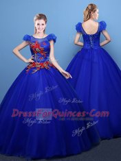 Charming Scoop Royal Blue Lace Up Vestidos de Quinceanera Appliques Short Sleeves Floor Length