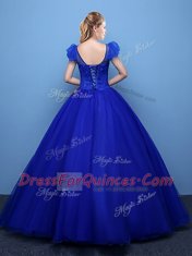 Charming Scoop Royal Blue Lace Up Vestidos de Quinceanera Appliques Short Sleeves Floor Length