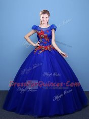 Charming Scoop Royal Blue Lace Up Vestidos de Quinceanera Appliques Short Sleeves Floor Length
