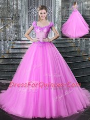 Elegant Fuchsia Tulle Lace Up Straps Sleeveless With Train Quince Ball Gowns Brush Train Beading and Appliques