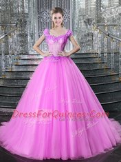 Elegant Fuchsia Tulle Lace Up Straps Sleeveless With Train Quince Ball Gowns Brush Train Beading and Appliques