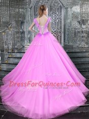 Elegant Fuchsia Tulle Lace Up Straps Sleeveless With Train Quince Ball Gowns Brush Train Beading and Appliques
