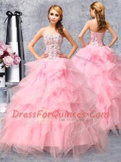 Rose Pink Sleeveless Floor Length Beading and Ruffles Lace Up Sweet 16 Dress
