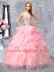 Rose Pink Sleeveless Floor Length Beading and Ruffles Lace Up Sweet 16 Dress