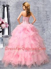 Rose Pink Sleeveless Floor Length Beading and Ruffles Lace Up Sweet 16 Dress