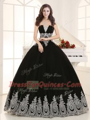 Fitting Black Tulle Lace Up Sweetheart Sleeveless Floor Length Quinceanera Dress Beading and Appliques