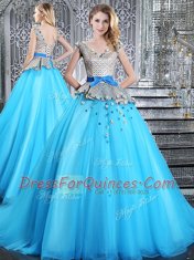 Baby Blue Ball Gowns Appliques and Belt Quinceanera Gowns Lace Up Tulle Sleeveless