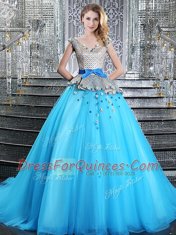 Baby Blue Ball Gowns Appliques and Belt Quinceanera Gowns Lace Up Tulle Sleeveless