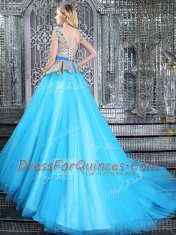 Baby Blue Ball Gowns Appliques and Belt Quinceanera Gowns Lace Up Tulle Sleeveless