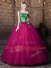 Customized Fuchsia One Shoulder Neckline Pattern Ball Gown Prom Dress Sleeveless Lace Up